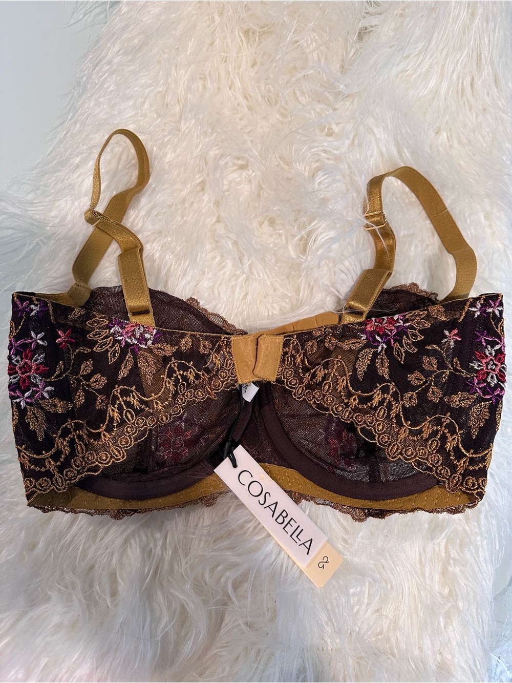 NWT Cosabella Ushuaya 32F Bra M/L Thong Lingerie Set Copper Italian Lace - Picture 7 of 13